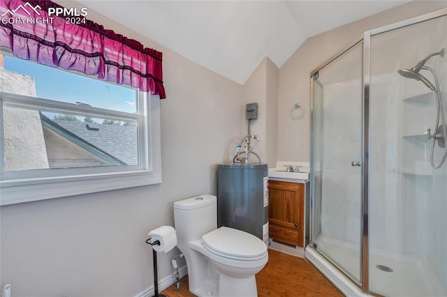 bathroom featuring toilet, water heater, an enclosed shower, and vaulted ceiling