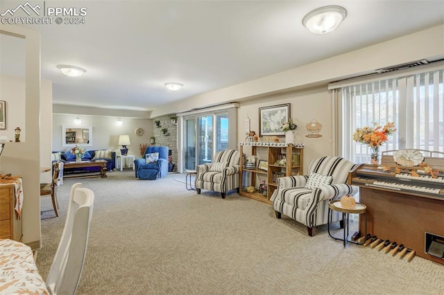 interior space featuring light colored carpet