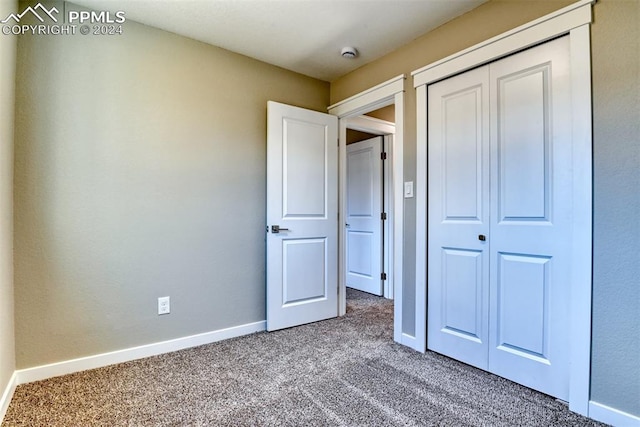 unfurnished bedroom with carpet floors and a closet