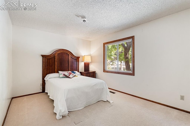 carpeted bedroom with a textured ceiling