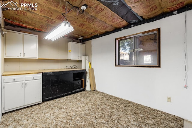 kitchen with white cabinetry and carpet floors