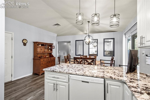 kitchen featuring dishwasher, dark hardwood / wood-style floors, white cabinetry, and lofted ceiling