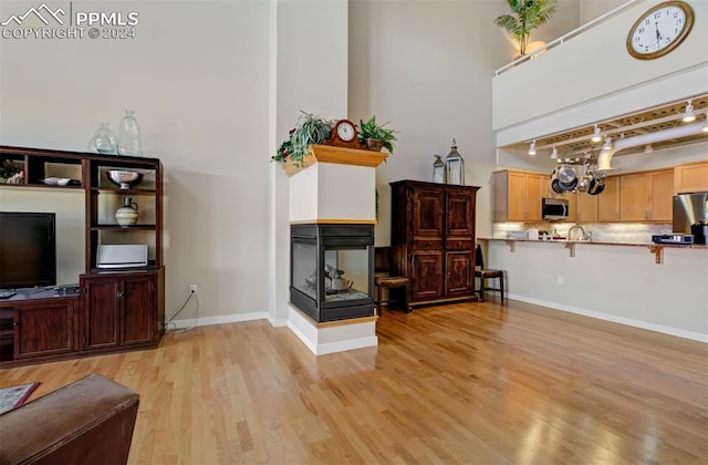 living room featuring a multi sided fireplace, a high ceiling, and light wood-type flooring