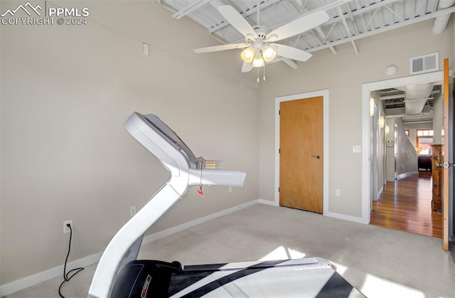 workout room featuring carpet flooring and ceiling fan