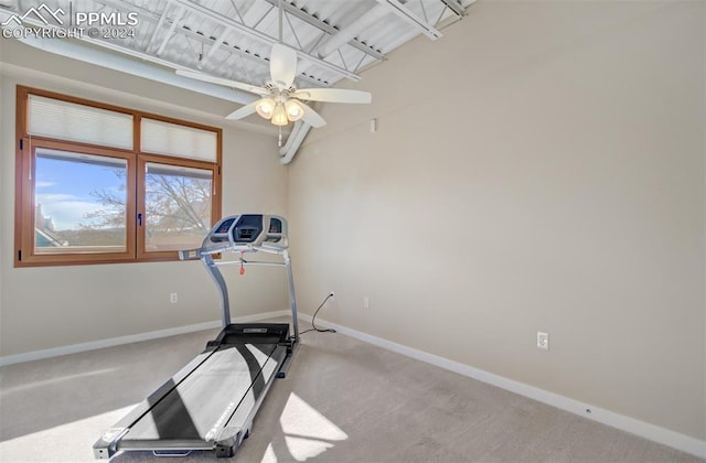 workout room featuring carpet flooring and ceiling fan