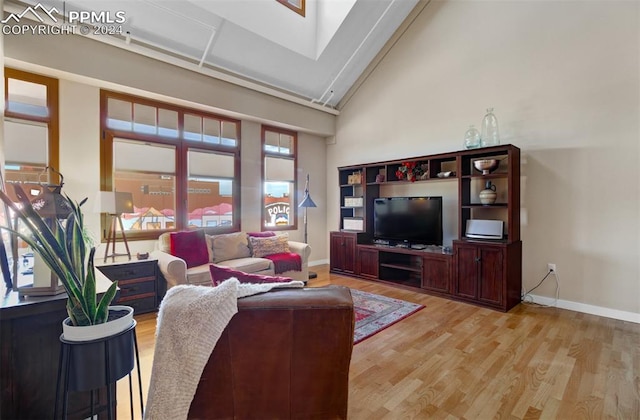 living room featuring a towering ceiling, light hardwood / wood-style floors, and a healthy amount of sunlight