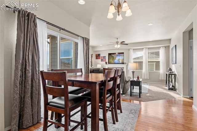 dining room featuring ceiling fan with notable chandelier and light hardwood / wood-style floors