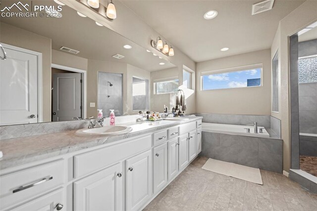 bathroom featuring vanity and independent shower and bath