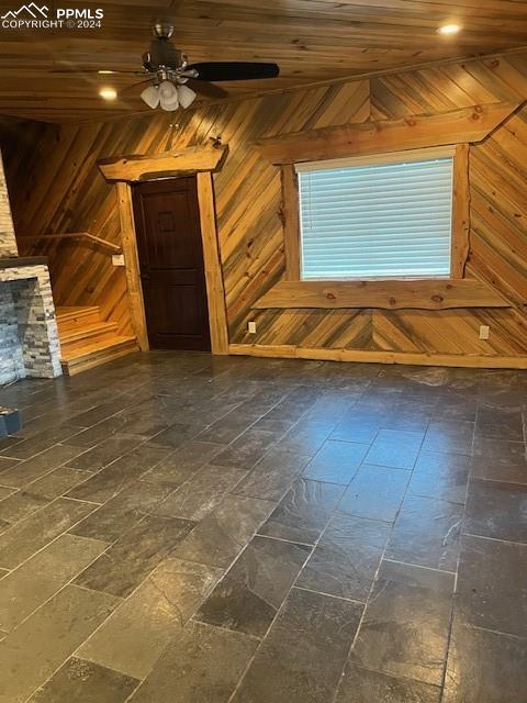 bonus room with wood walls, ceiling fan, and wood ceiling