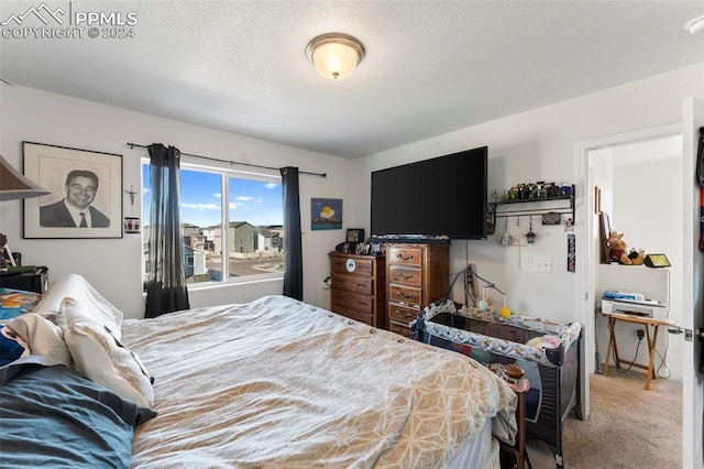 bedroom featuring carpet and a textured ceiling