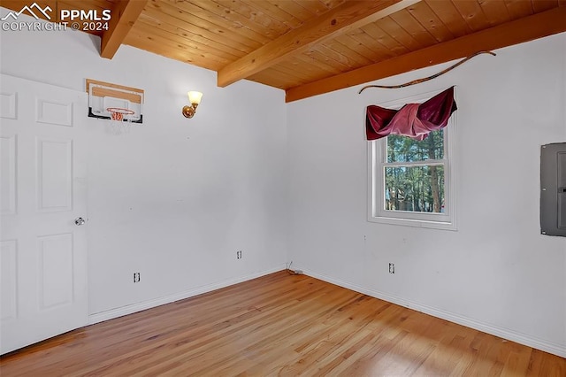 unfurnished room featuring electric panel, hardwood / wood-style floors, beamed ceiling, and wood ceiling