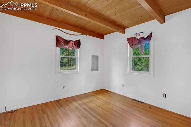 empty room featuring beam ceiling, electric panel, hardwood / wood-style flooring, and wood ceiling