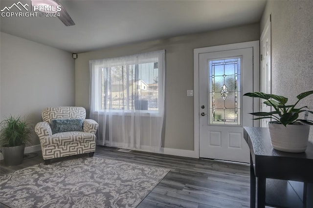 entryway with dark hardwood / wood-style floors and ceiling fan