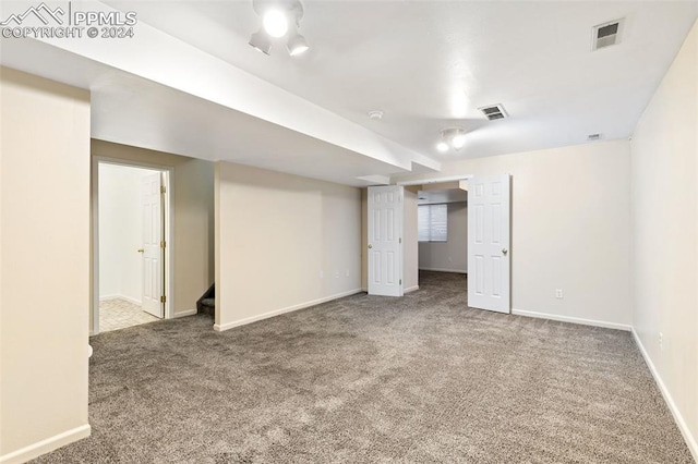 basement featuring carpet flooring