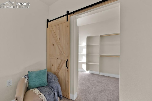 unfurnished room featuring a barn door and light colored carpet