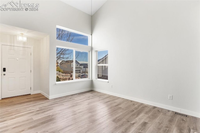 foyer entrance featuring light hardwood / wood-style floors and a high ceiling