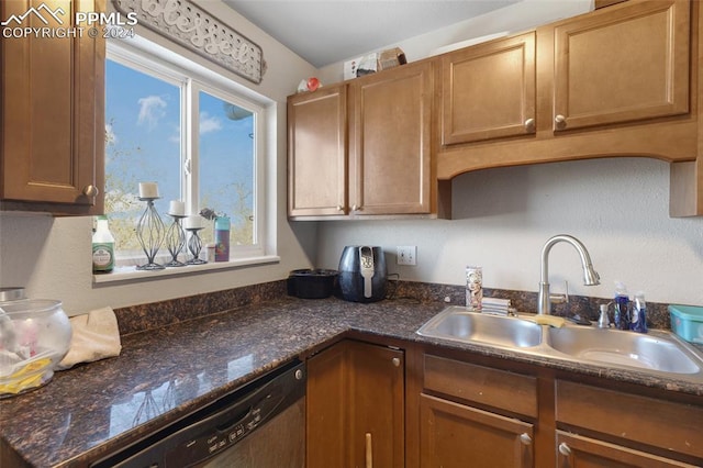 kitchen featuring stainless steel dishwasher, dark stone countertops, and sink