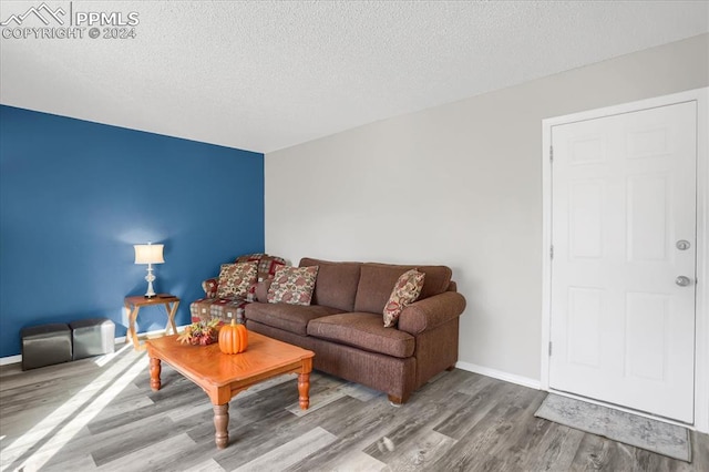 living room with hardwood / wood-style floors and a textured ceiling