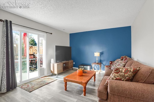 living room with a textured ceiling and hardwood / wood-style flooring