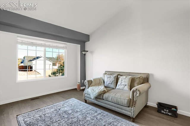 sitting room featuring vaulted ceiling and dark wood-type flooring