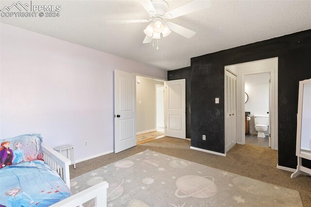 bedroom featuring carpet, ceiling fan, and connected bathroom