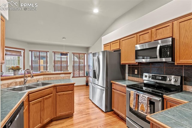 kitchen with a wealth of natural light, stainless steel appliances, vaulted ceiling, and light hardwood / wood-style floors