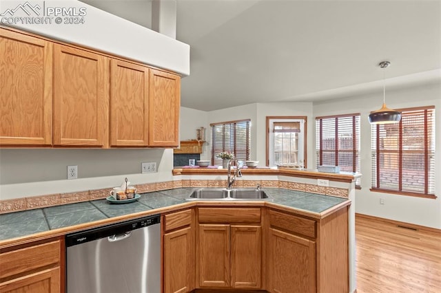 kitchen with pendant lighting, sink, light hardwood / wood-style flooring, stainless steel dishwasher, and kitchen peninsula