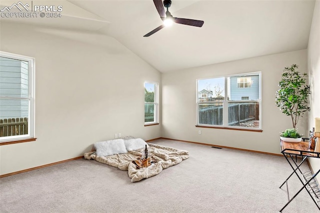 sitting room featuring carpet flooring, ceiling fan, and lofted ceiling