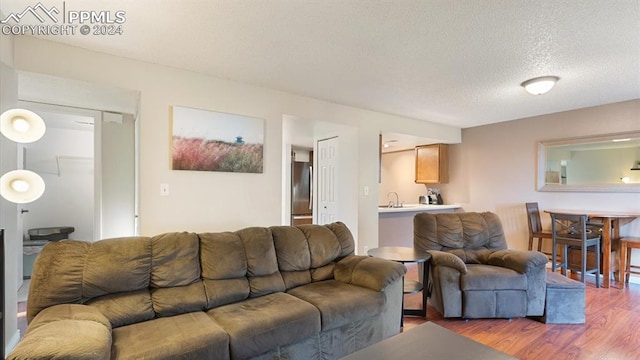 living room with a textured ceiling, light hardwood / wood-style flooring, and sink