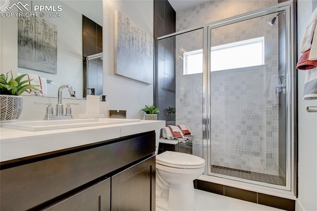 bathroom with vanity, an enclosed shower, and toilet