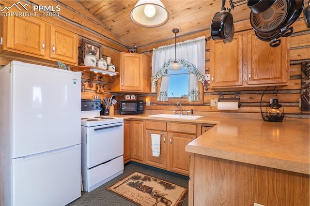 kitchen with lofted ceiling, white appliances, hanging light fixtures, sink, and wood ceiling