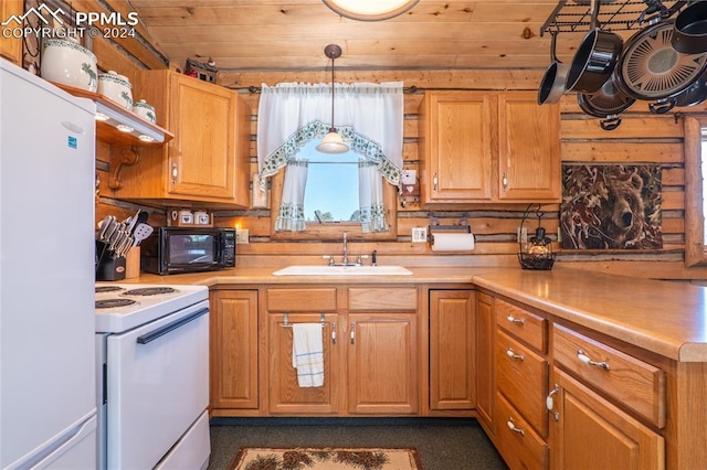 kitchen with white appliances, decorative light fixtures, wooden ceiling, and sink