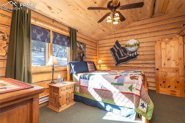 carpeted bedroom with vaulted ceiling with beams, a baseboard radiator, and wood ceiling