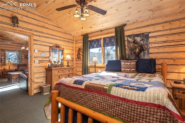 bedroom with carpet flooring, ceiling fan, wooden ceiling, and lofted ceiling