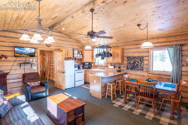 interior space with a center island, ceiling fan with notable chandelier, dark colored carpet, wooden ceiling, and vaulted ceiling with beams