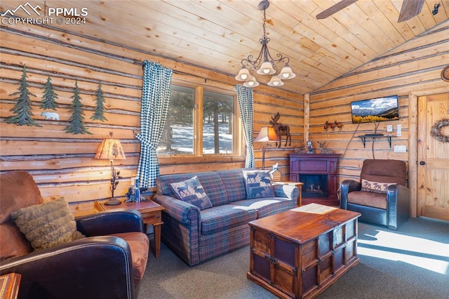 carpeted living room featuring ceiling fan with notable chandelier, wooden ceiling, log walls, and vaulted ceiling