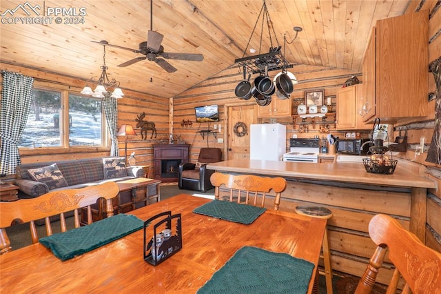 kitchen featuring ceiling fan, wooden ceiling, vaulted ceiling, white appliances, and wooden walls