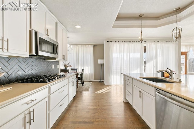 kitchen with sink, hardwood / wood-style flooring, appliances with stainless steel finishes, decorative light fixtures, and white cabinetry