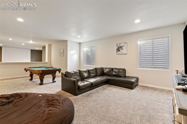 playroom with light colored carpet and billiards