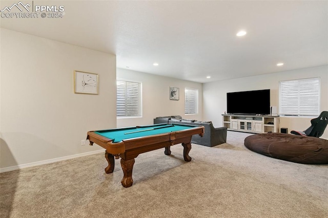 recreation room with light colored carpet and billiards