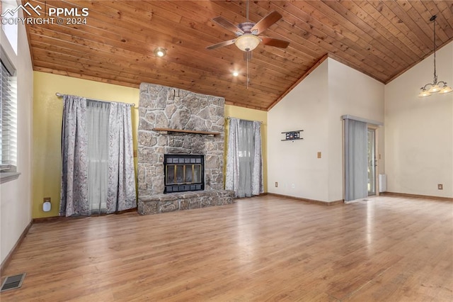 unfurnished living room featuring a stone fireplace, wooden ceiling, and wood-type flooring