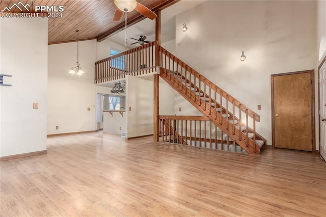 living room featuring ceiling fan with notable chandelier, wood-type flooring, high vaulted ceiling, and wooden ceiling