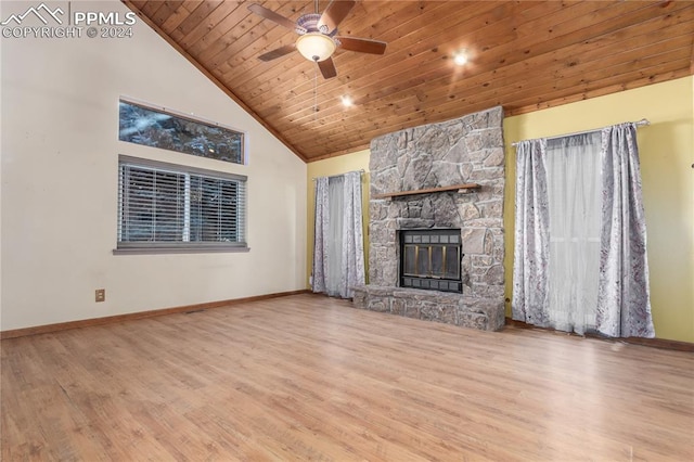 unfurnished living room with a fireplace, hardwood / wood-style floors, ceiling fan, and wood ceiling