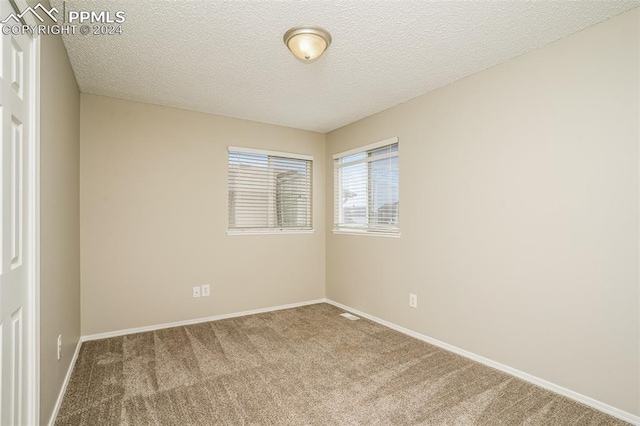 empty room with a textured ceiling, baseboards, and carpet floors