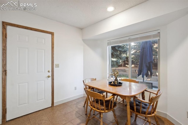 dining space with tile patterned flooring and a textured ceiling