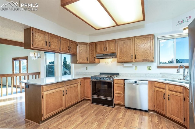 kitchen featuring kitchen peninsula, stove, light wood-type flooring, stainless steel dishwasher, and sink