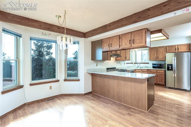 kitchen featuring stainless steel appliances, light hardwood / wood-style flooring, beamed ceiling, kitchen peninsula, and pendant lighting