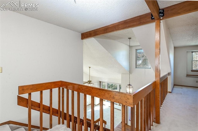 hall with a wealth of natural light, beamed ceiling, light colored carpet, and a textured ceiling