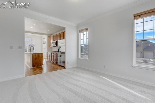 unfurnished living room with light colored carpet and ornamental molding