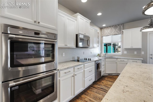 kitchen featuring white cabinetry, stainless steel appliances, light stone counters, dark hardwood / wood-style floors, and decorative light fixtures